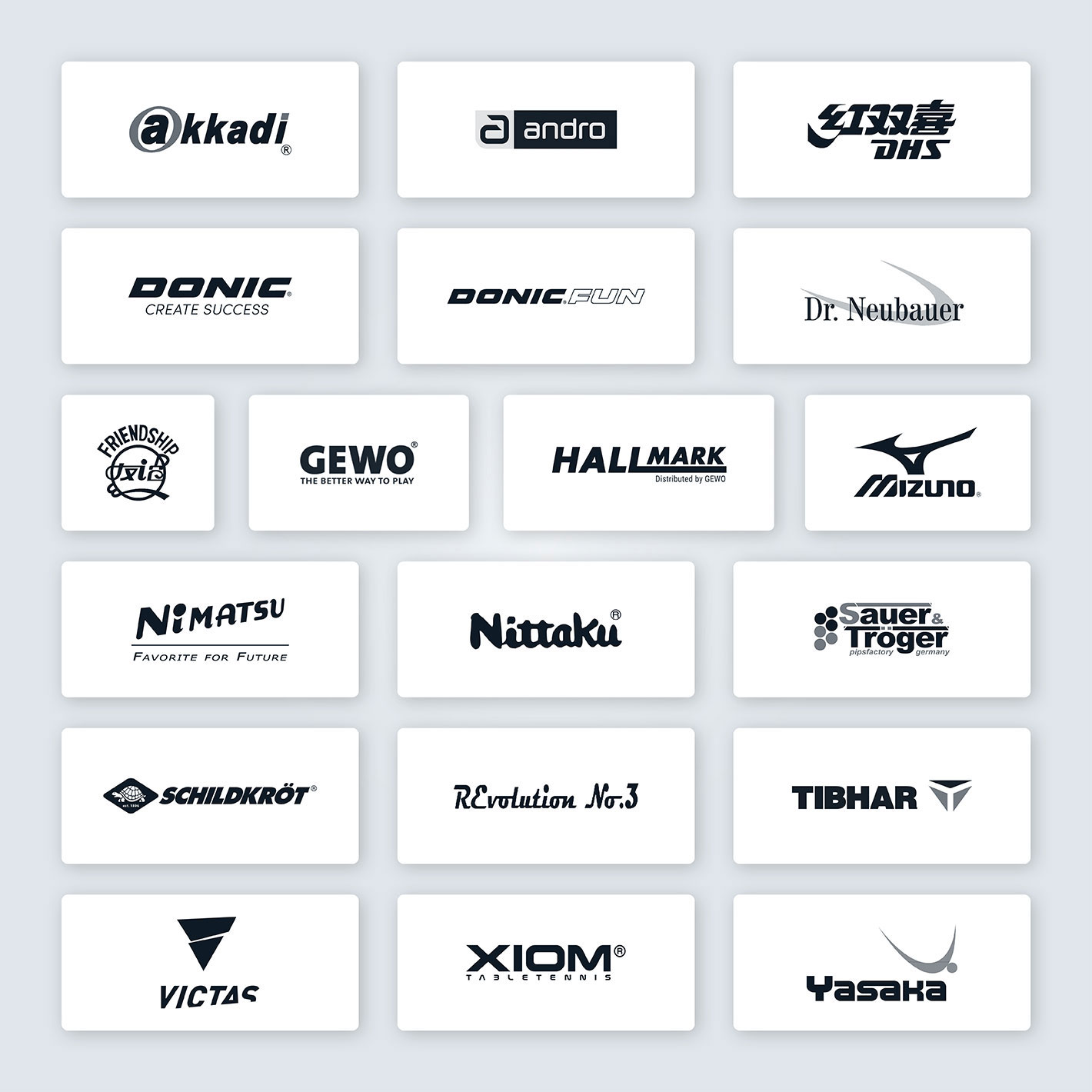 Logos der Marken, die Sport Schreiner bietet: DONIC, akkadi, Tibhar, Victas und viele andere mehr