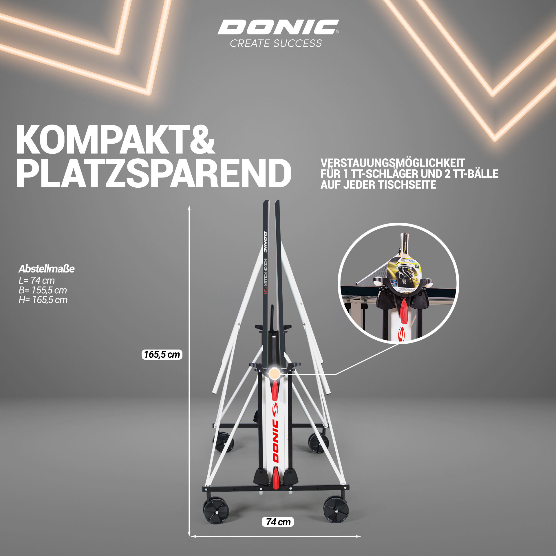 Tischtennis-Tisch DONIC Indoor Roller Fun, kompakt und platzsparend